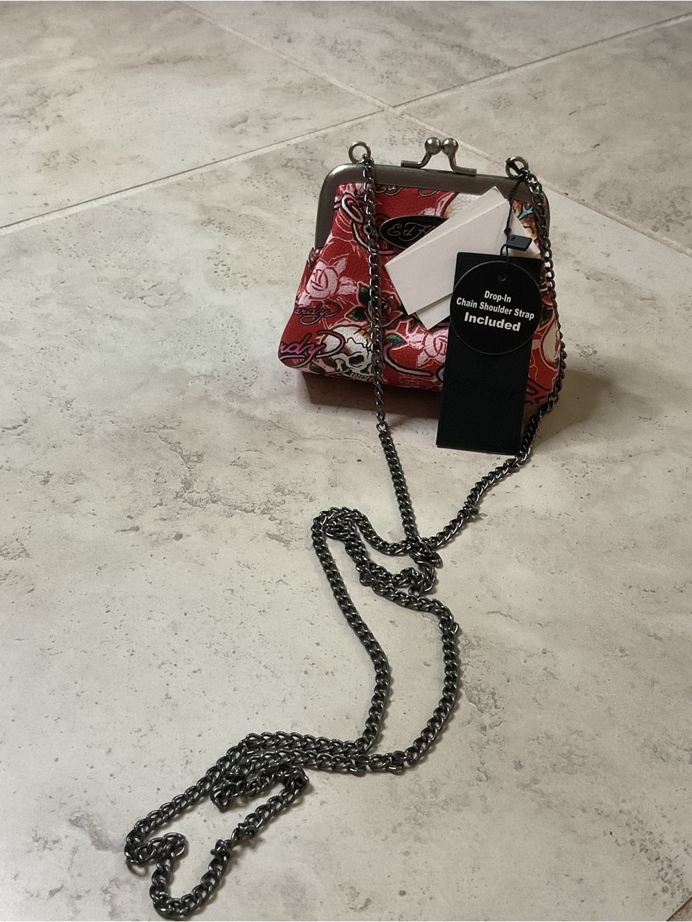 Ed Hardy, skull and roses, kiss lock mini Crossbody Bag with Chain Strap NWT - Picture 5 of 9